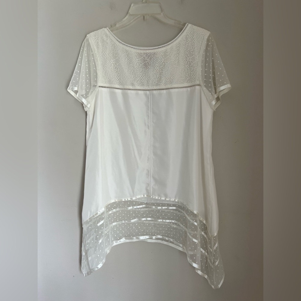 Sundance Silk Tunic Top Women’s M Ivory Lace Mesh Dot Sleeve Asymmetrical Hem